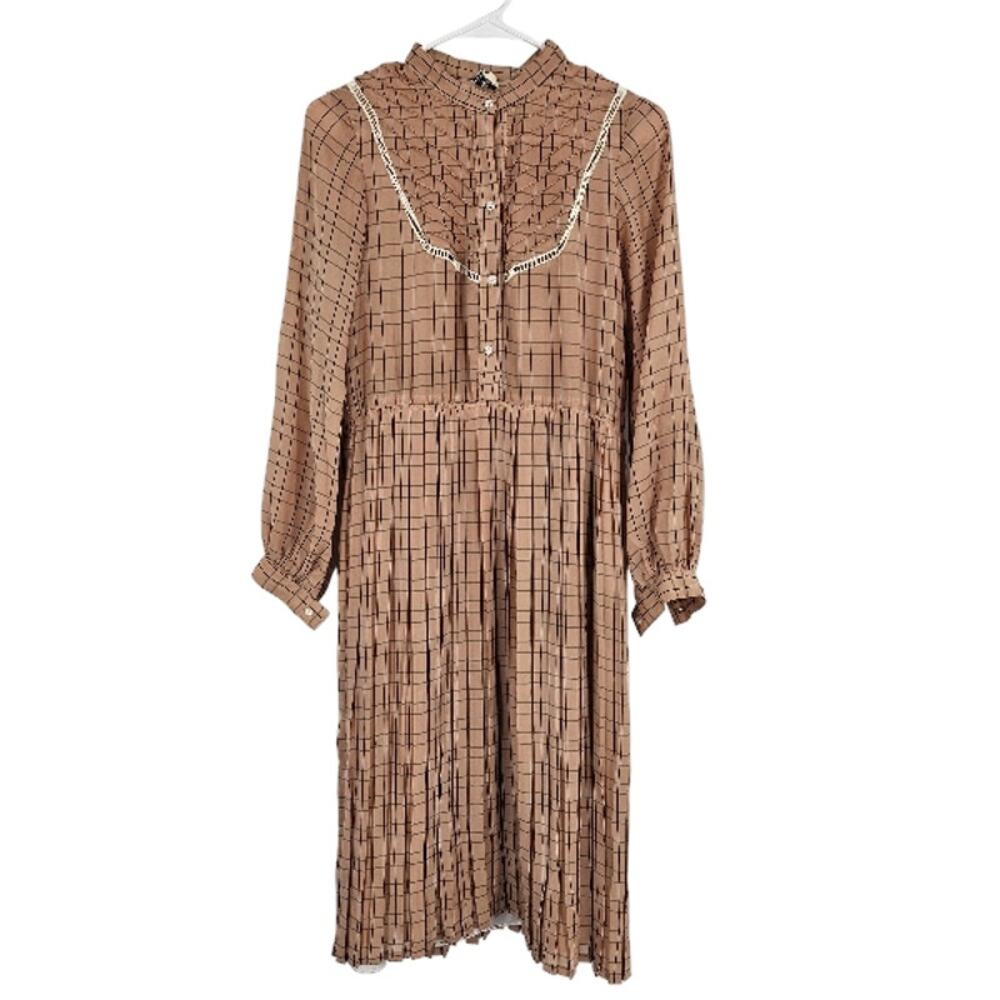 Vintage 70s Lucky Garments Secretary Dress Brown Plaid Button Pleated Midi Sz M